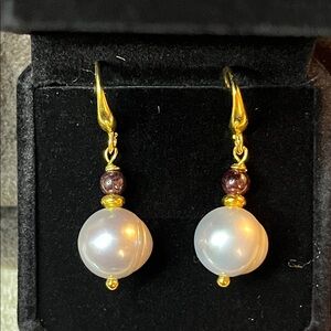 18k Yellow Gold over 925 Silver Silver Pearl & Garnet Earrings